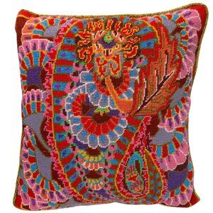 Gorgeous Needlepoint Pillow Red Paisley Modern 17x19 Modern 60s Style Accent